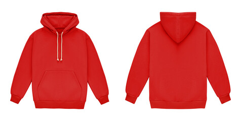 Template blank flat red hoodie. Hoodie sweatshirt with long sleeve flatlay mockup for design and print. Hoody front and back top view isolated on white background - 470941687