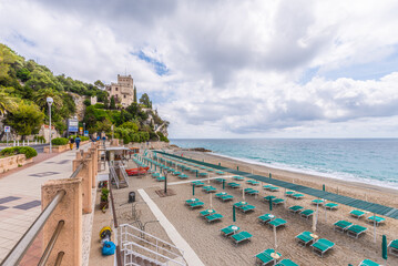 Finale Ligure. May 21, 2021. View from the Lungomare Italia street on an empty stretch of beach...