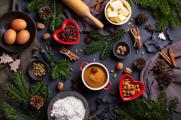 Christmas concept, cooking and baking ingredients, fir twigs