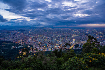 Bogota city Center at night from Monserrate hill, Colombia.