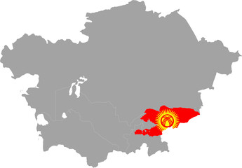 Map of Kyrgyzstan with national flag inside the gray map of Central region of Asia