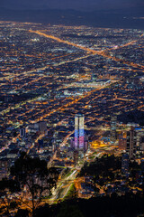 Bogota city Center at night from Monserrate hill, Colombia.