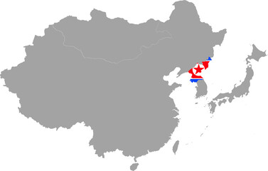 Map of North Korea with national flag inside the gray map of East region of Asia