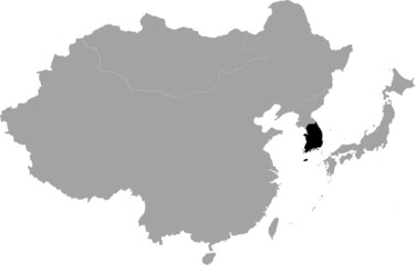 Black Map of South Korea inside the gray map of East region of Asia