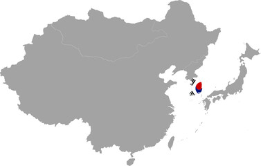 Map of South Korea with national flag inside the gray map of East region of Asia