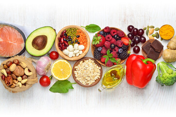 Selection of nutritive food - heart, cholesterol, diabetes. Flat lay, top view, copy space .