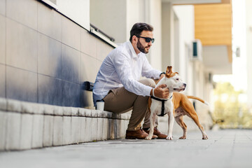 A businessman in the shirt is sitting on the sidewalk and petting his dog. A dog is standing next to his legs and enjoy.