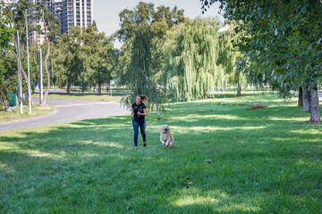  woman with her retriever in a summer park.