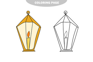 Simple coloring page. Vector holiday festive lantern with candle. Holiday coloring page. Color and black and white version