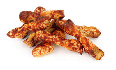 Group of crunchy knobbly twig shaped wheat savoury snacks with a yeast flavour coating