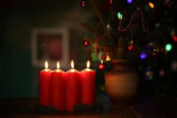 Advent Season, four candles burning. Advent background