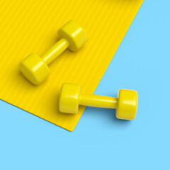 Obraz premium Isometric view of sport equipment like yoga mat and dumbbell on blue