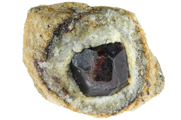 spessartine garnet in quartzite matrix from Serrote Redondo, Pedra Lavrada, Brasilia isolated on white background
