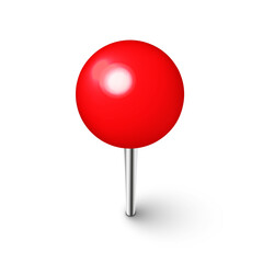 Realistic red push pin. Board tack isolated on white background. Plastic pushpin with needle. Vector illustration.