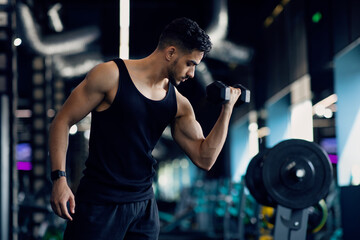 Fototapeta na wymiar Handsome Muscular Middle Eastern Man Training With Dumbbells In Modern Gym