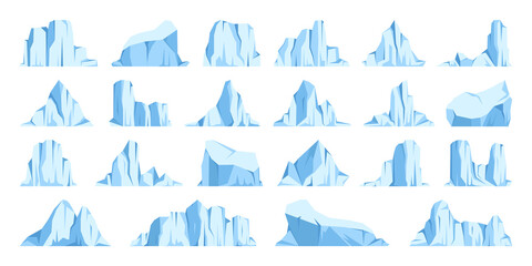 Floating icebergs collection. Drifting arctic glacier, block of frozen ocean water. Icy mountains with snow. Melting ice peak. Antarctic snowy landscape. South and North Pole. Vector illustration. © 32 pixels