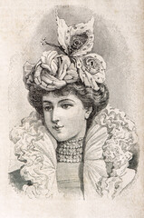Women wearing vintage elegant hat. Antique fashion engraving