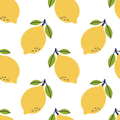 Lemon fruit seamless pattern. Hand drawn vector illustration. Exotic food. Yellow citrus with leaves