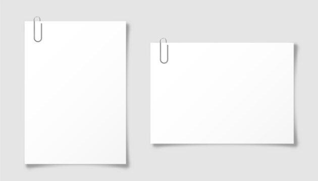Realistic blank paper sheet in A4 format. Notebook page, document with steel paper clip. Design template or mockup. Vector illustration.
