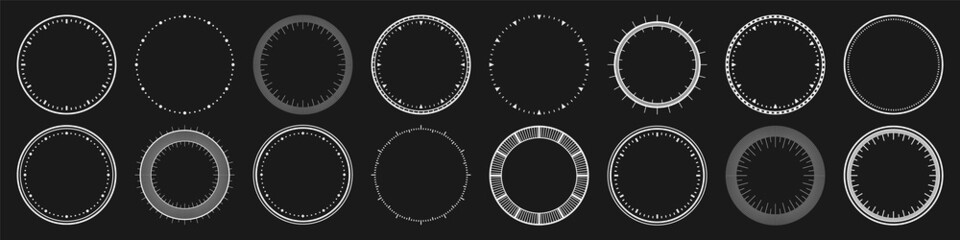 Mechanical clock faces, bezel. White watch dial with minute and hour marks. Timer or stopwatch element. Blank measuring circle scale with divisions. Vector illustration.