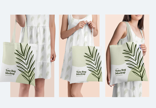 3 Shopping Tote Bag Mockups in the Hands of a Girl
