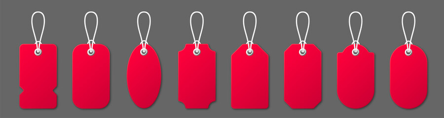 Realistic red price tags with white string on gray background. Special offer or shopping discount label. Retail paper sticker. Promotional sale badge. Vector illustration.