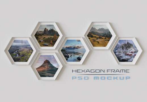 White Hexagon Photo Frames Mockup Hanging on Wall