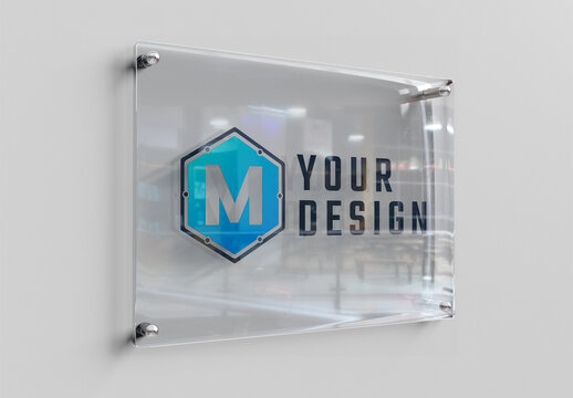 Glass Sign Plate on White Wall Mockup