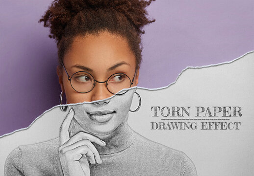 Torn Paper with Pencil Drawing Photo Effect Mockup
