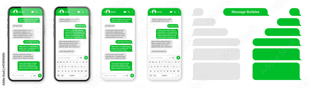 Wall mural realistic smartphone with messaging app. blank sms text frame. conversation chat screen with green m