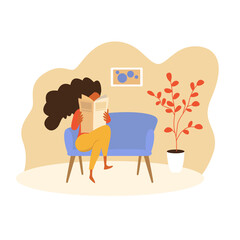 Woman reading newspaper, she sits on the sofa in the room or office. Vector flat cartoon illustration