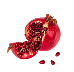 pomegranate cut into pieces and grain separately on a white background isolated