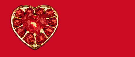 a box of heart shaped candies on a red background, banner design with copy space