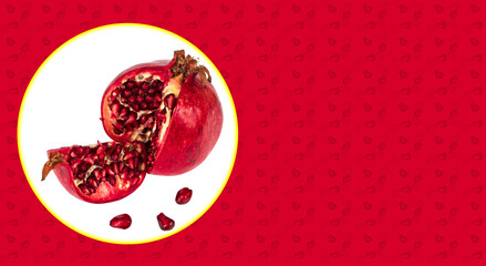 pomegranate cut into pieces and grain separately on a white background in isolation, a place for the text on a red background, a template under a banner