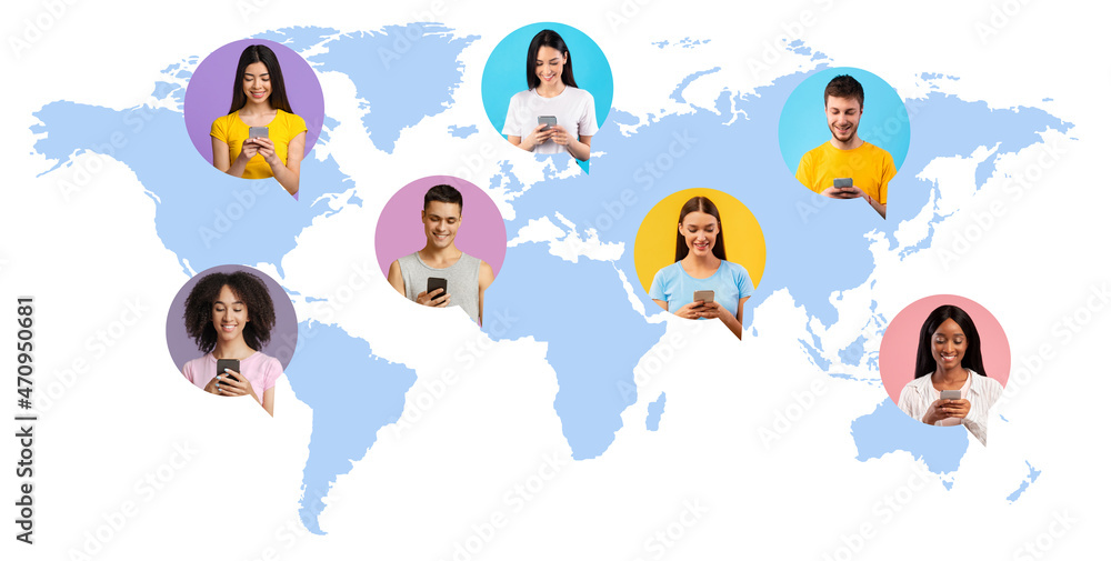 Poster Global Communication Concept. Different People Using Smartphones For Messaging Over World Map