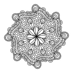 Vector doodle style mandala, black outline flower. Isolated on white background. Hand drawn art for coloring books and pattern designs.