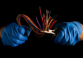 Close-up of the hands of a master electrician in gloves during work. Electrical equipment repair....