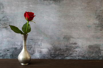 錫製花器に活けた一輪の赤い薔薇