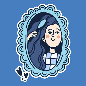 The girl smiles and
 looks in the mirror and combs her hair. Vector cartoon doodle flat sticker. Isolated on a blue background.