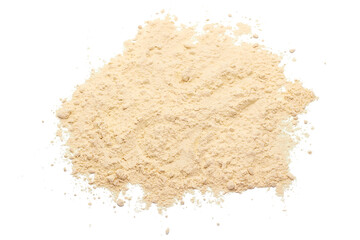 Background of white whey protein isolate powder. Heap of yellow protein powder isolated on white...
