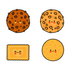 Funny cute happy cookies characters bundle set. Vector kawaii line cartoon style illustration. Cute cookies mascot character collection