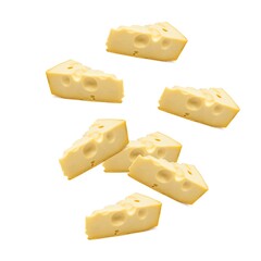 Falling fresh tasty yellow cheese on a background