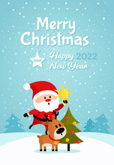 Santa Claus on deer hanging star on Christmas tree