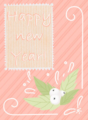 Background of Christmas holidays. The text in the frame of the postage stamp Happy New Year. A design element for Christmas and New Year cards, banners. White berries in green leaves. 