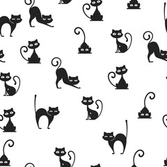 Obraz premium Black cat silhouette seamless pattern. Cute kitten texture background. Vector