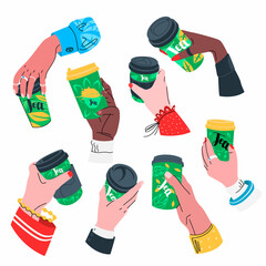 Vector flat illustration with a set of hands that hold disposable cups of tea with them. Concept morning drinks, street snacks, breakfast. You can use elements in web design, banners, etc.
