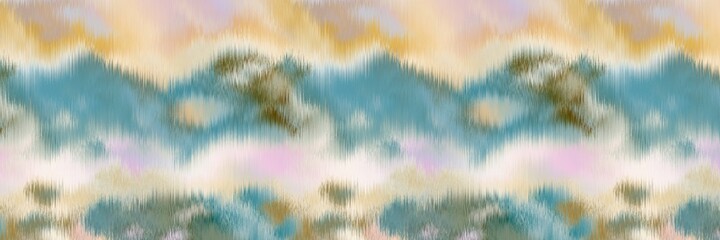 Ocean blue mottled border strip linen texture background. Summer coastal living style wavy water fabric effect. Azure blu wash bleed edge material. Decorative textile seamless pattern ribbon trim. 