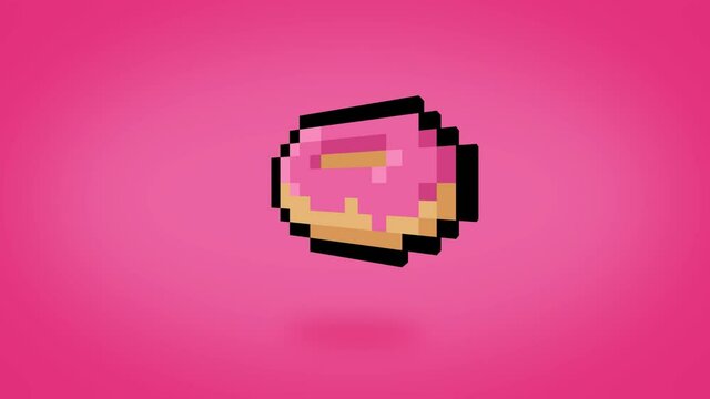 Floating 3D 8 Bit Pixel Strawberry Donut on pink background - 30 FPS with alpha channel