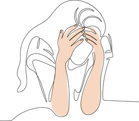 Exhausted frustrated young woman touching forehead, sitting on couch alone, suffering from strong headache or migraine, worried girl thinking about problems . Vector illustration
