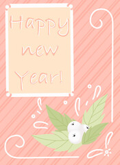 A holiday card. The text in the frame of the postage stamp Happy New Year. A design element for Christmas and New Year cards, banners. White berries in green leaves